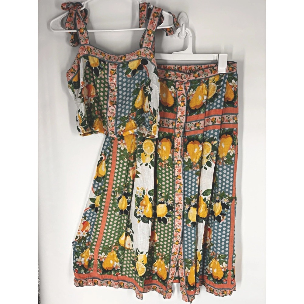 Rose + Olive 2pc Retro Garden Cottage Fruit Floral Midi Skirt Crop Top M Picnic